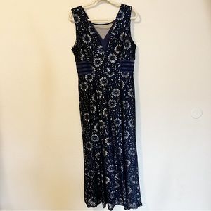 Navy and Silver Lace Formal Floor Length Dress